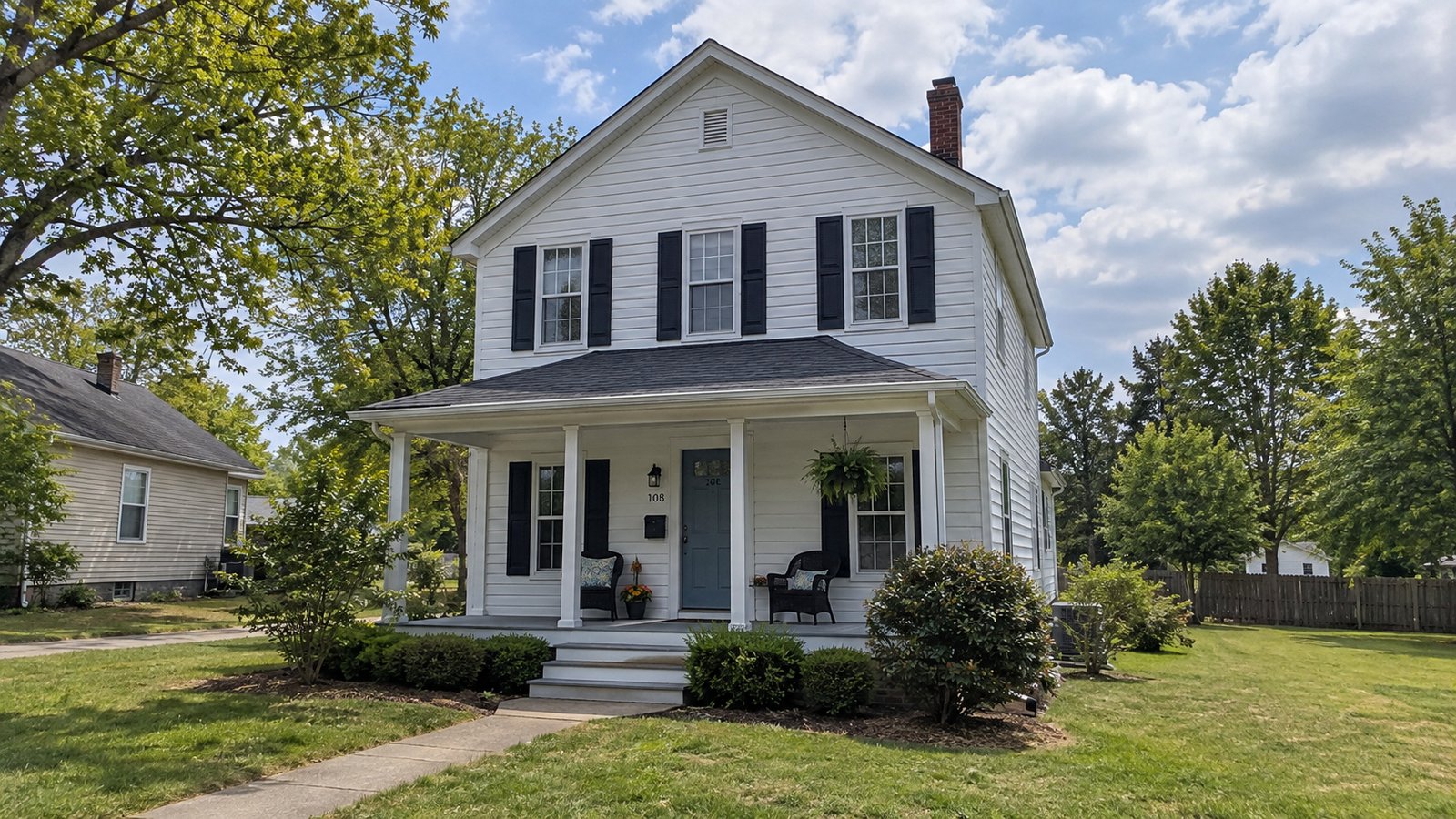 White clapboard house with a covered porch, front steps, two chairs and a lawn