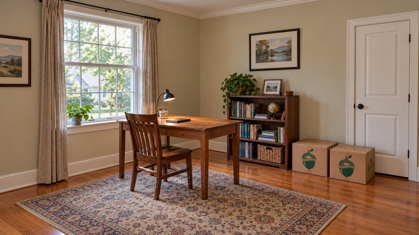 Wooden desk and chair beside a low bookcase, full window and two closed Sterling Oakbridge book cartons