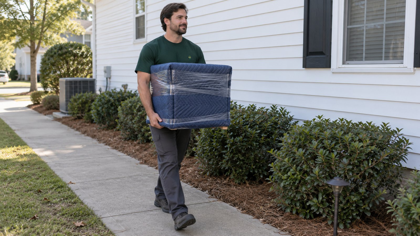 Male mover in a green work shirt carrying a small blanket-wrapped cabinet beside a white-sided home