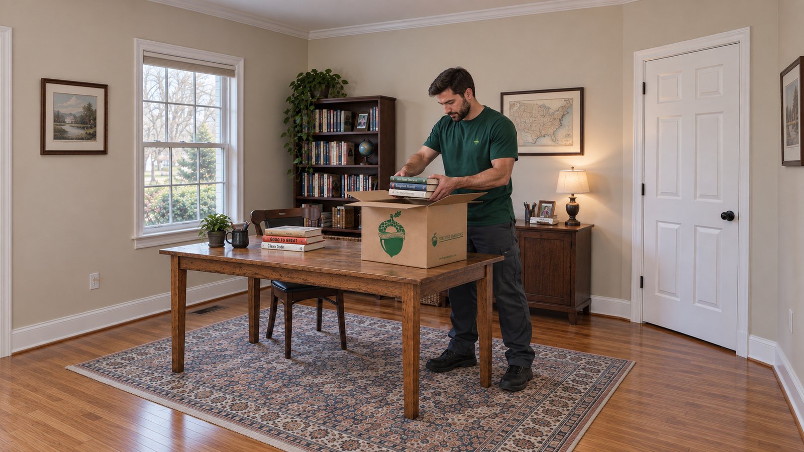 Male mover in a green Sterling Oakbridge shirt placing books into an open branded book carton on a wooden table