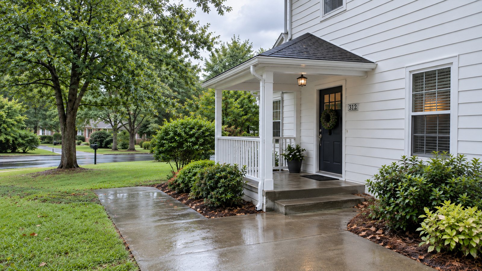 Covered side porch and two low steps beside a damp concrete path at a white-sided home