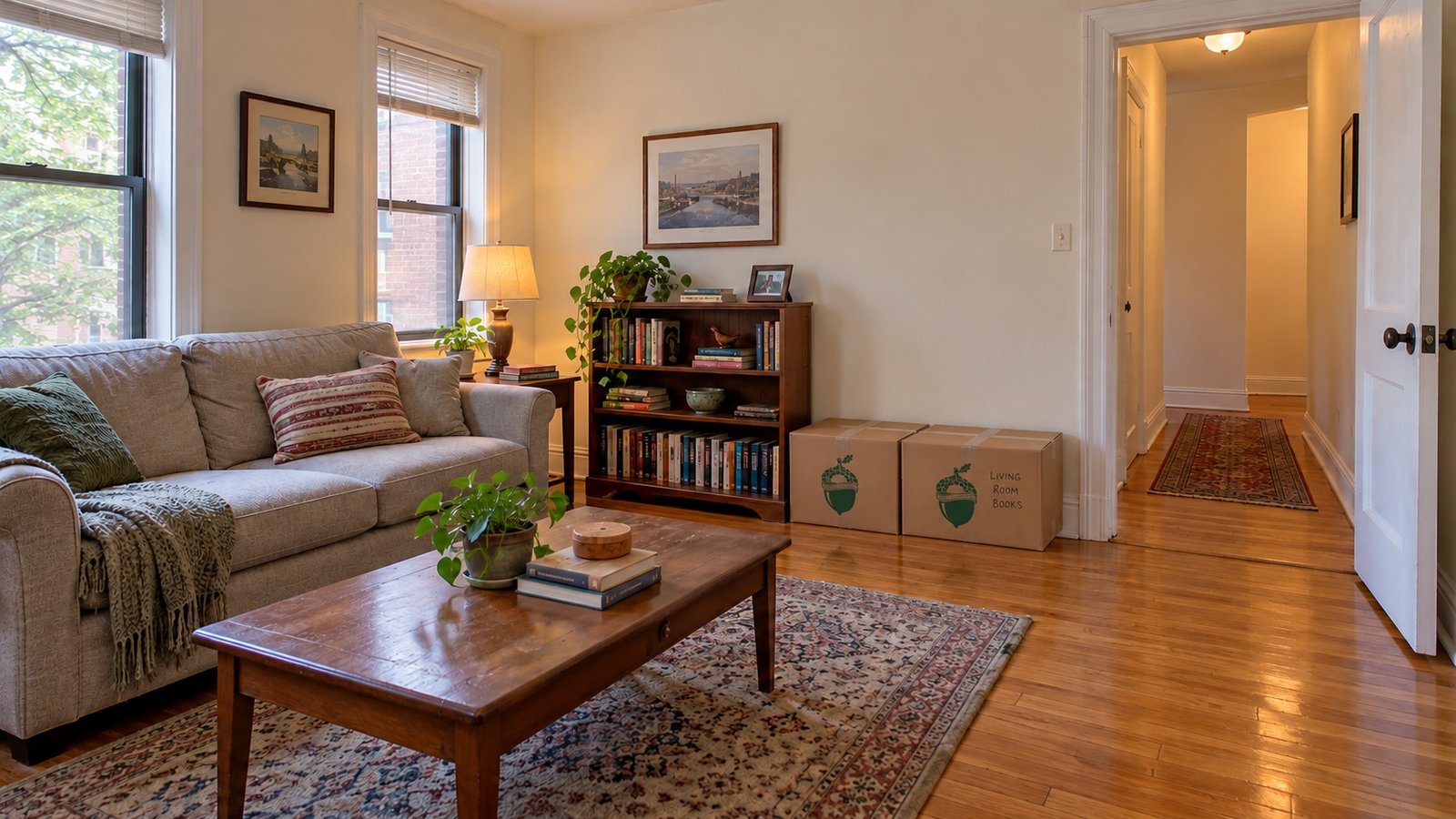 Apartment layout and entrance Apartment living room with low moving cartons and an open doorway into a turning hall.