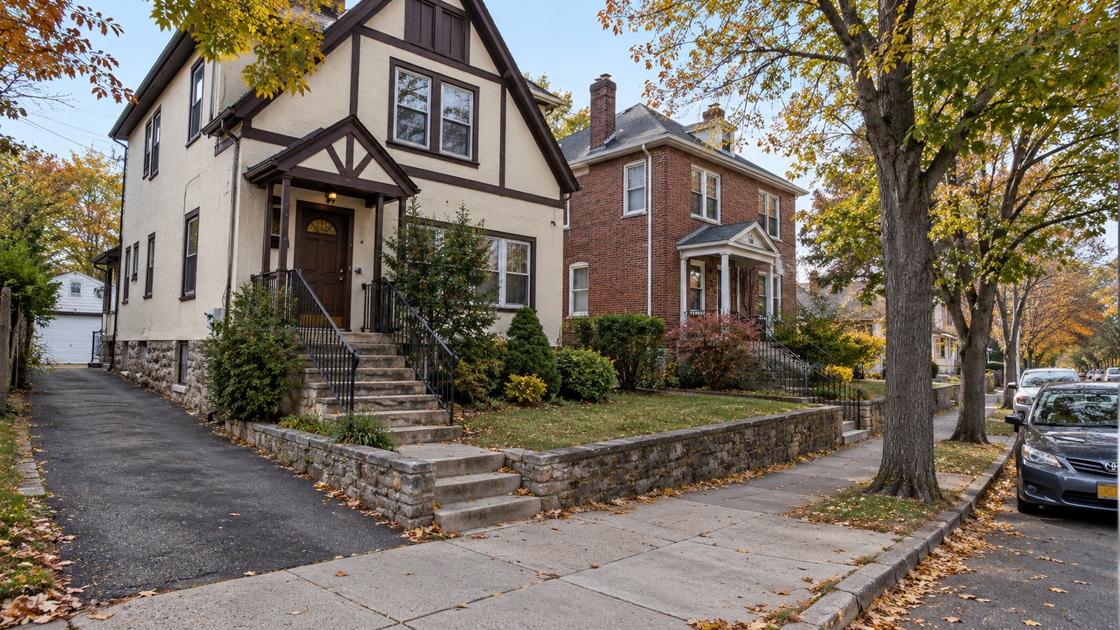 Detached stucco and brick houses with entrance stairs beside a residential sidewalk.