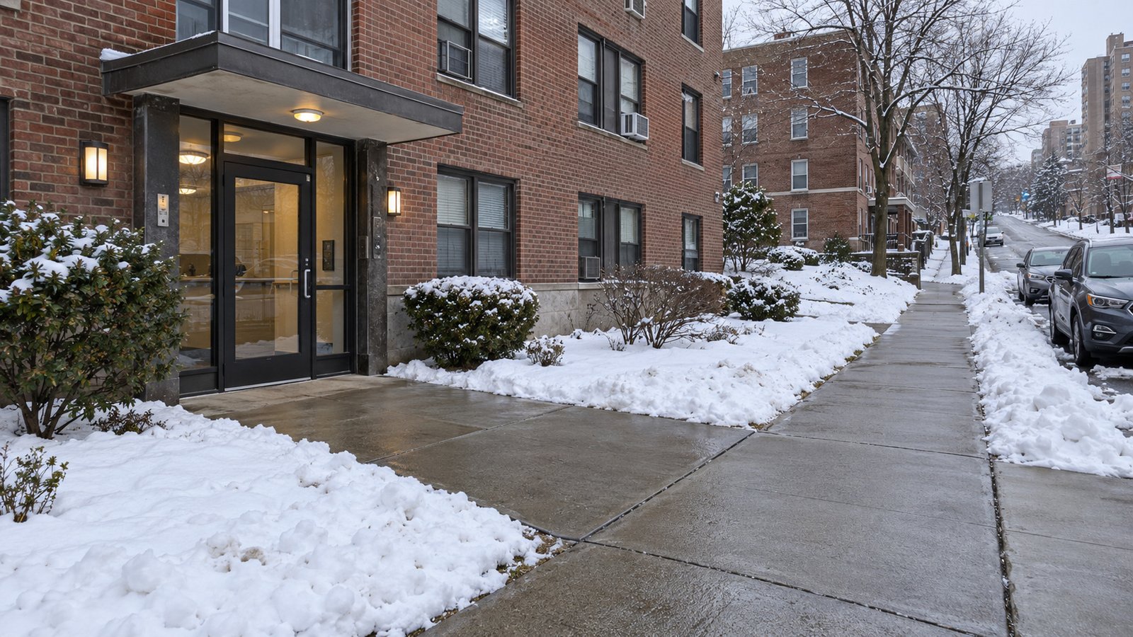 A cleared winter approach Cleared sidewalk and level apartment entrance after light winter snow.