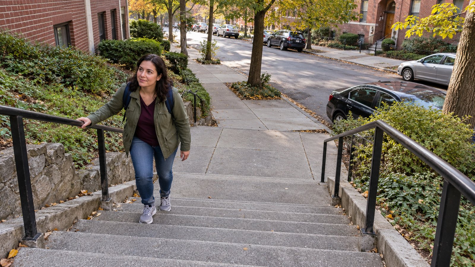 Steps on the daily walk Resident climbing an outdoor stair connection from a lower residential sidewalk.