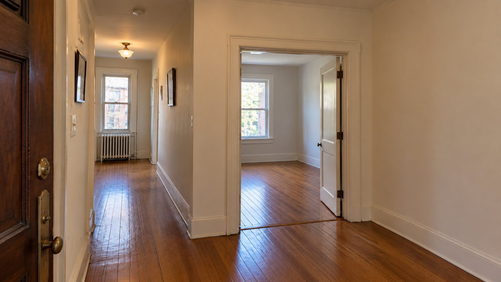 Include the inner doorway and hall turn A clear timber-floored apartment hall beside a complete open doorway into an empty room.