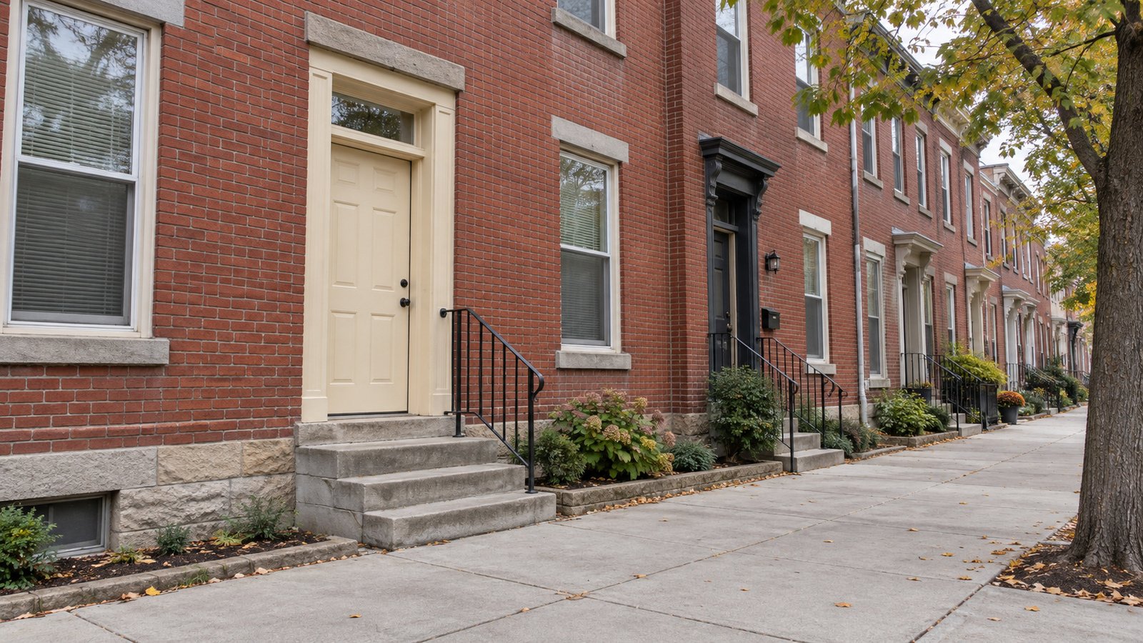 Representative red-brick attached houses with a complete cream doorway, stone steps and a clear public sidewalk.