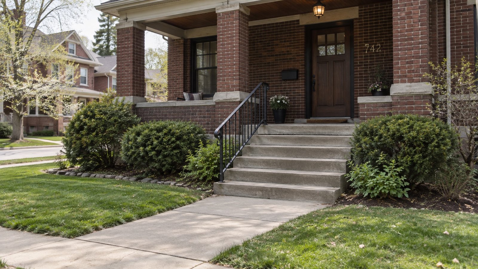 Concrete steps and iron rails leading to a dark front door in a brick house