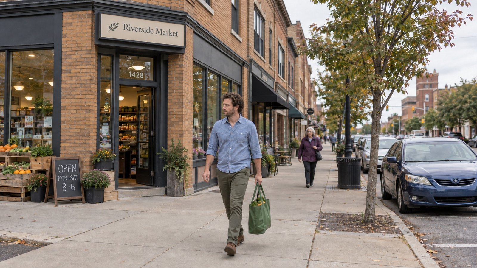 Man carrying a green grocery bag beside brick shopfronts