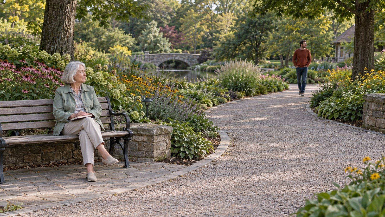 Woman holding a closed book on a garden bench beside a clear path