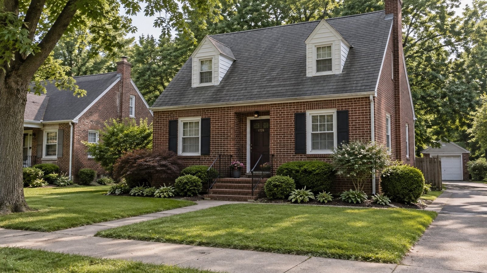 Red-brick house with two white dormers and a clear walk to the front door