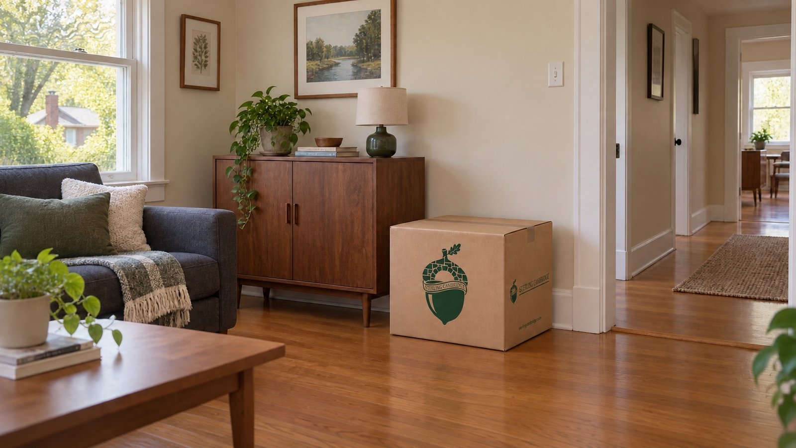 Charcoal sofa, walnut cabinet and branded kraft carton beside an open hallway