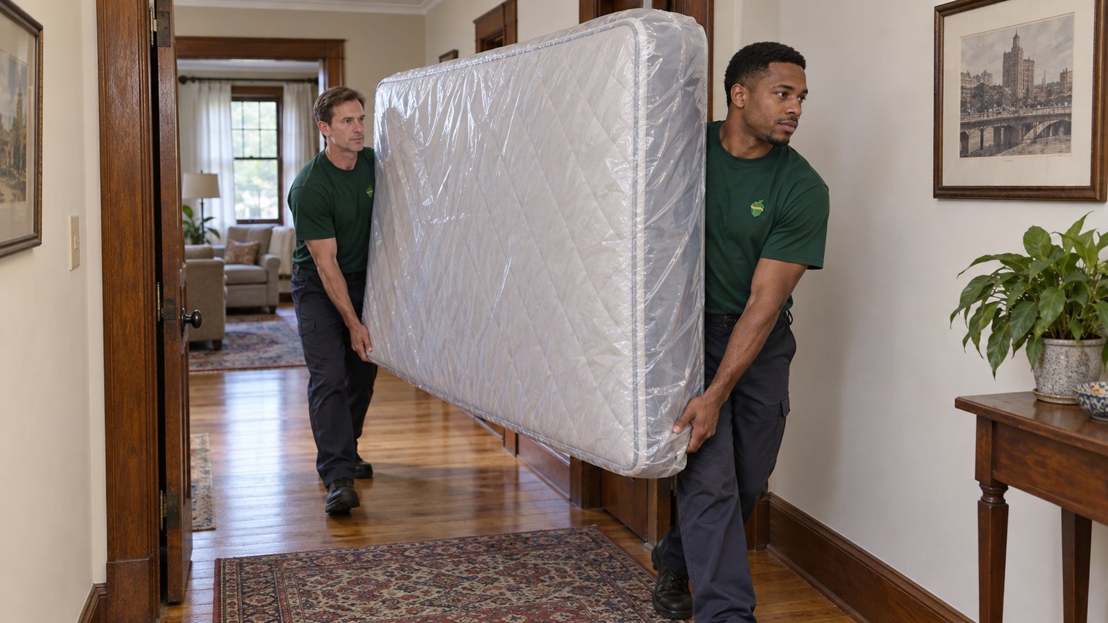 Two movers carrying a protected mattress through a wide doorway
