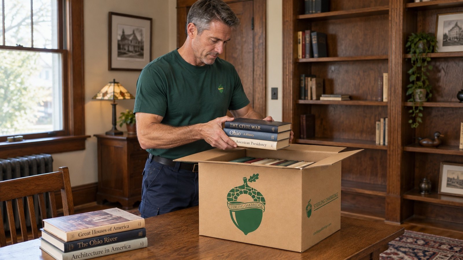 Mover lowering books into an open small branded carton on a wooden table