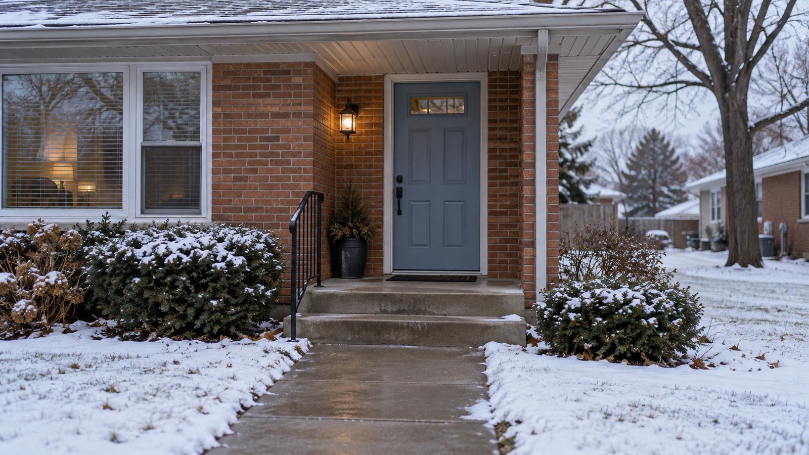 Cleared concrete walk and steps leading to a recessed door after snow