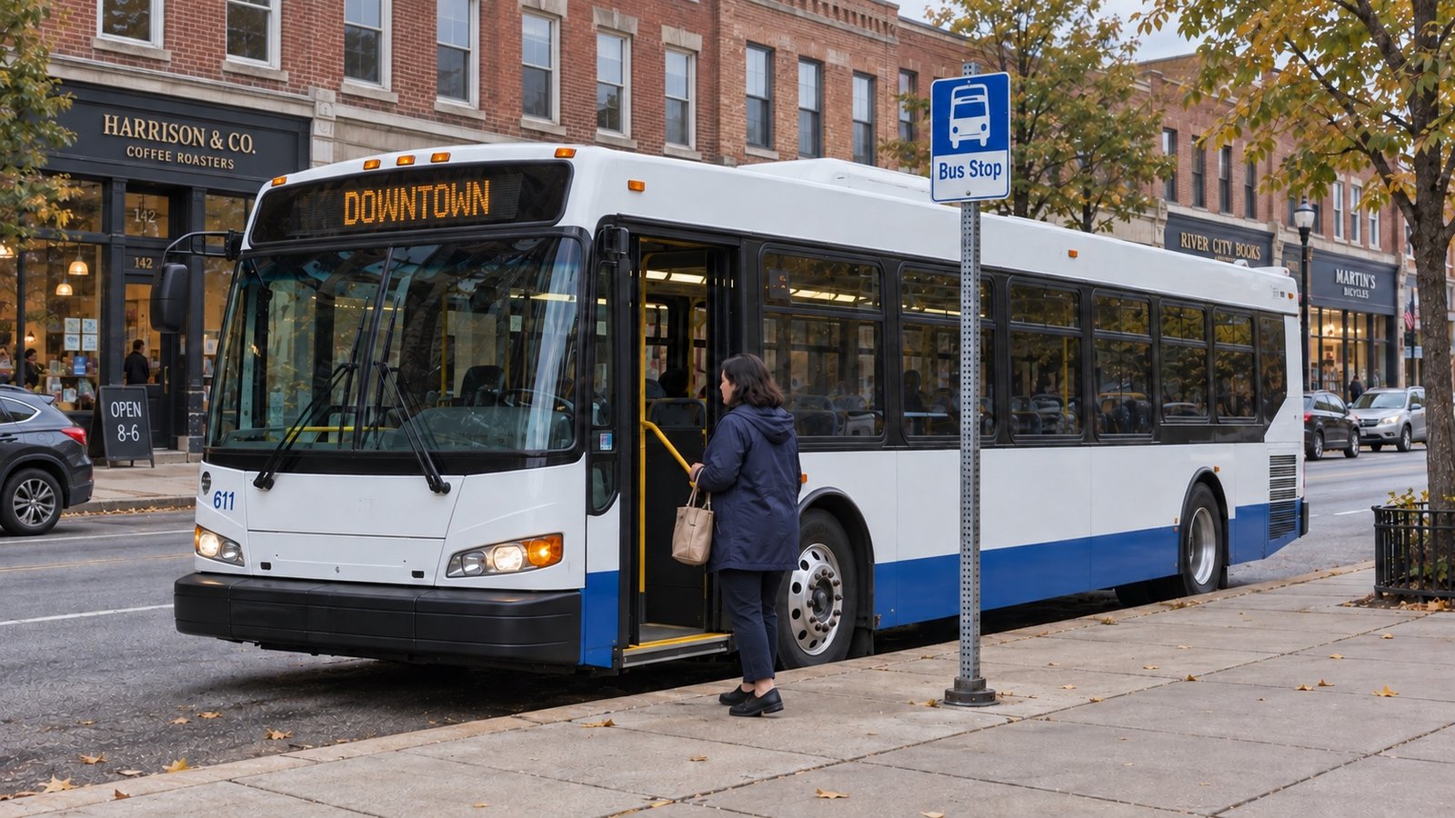 White and blue bus beside a woman waiting on the foreground sidewalk