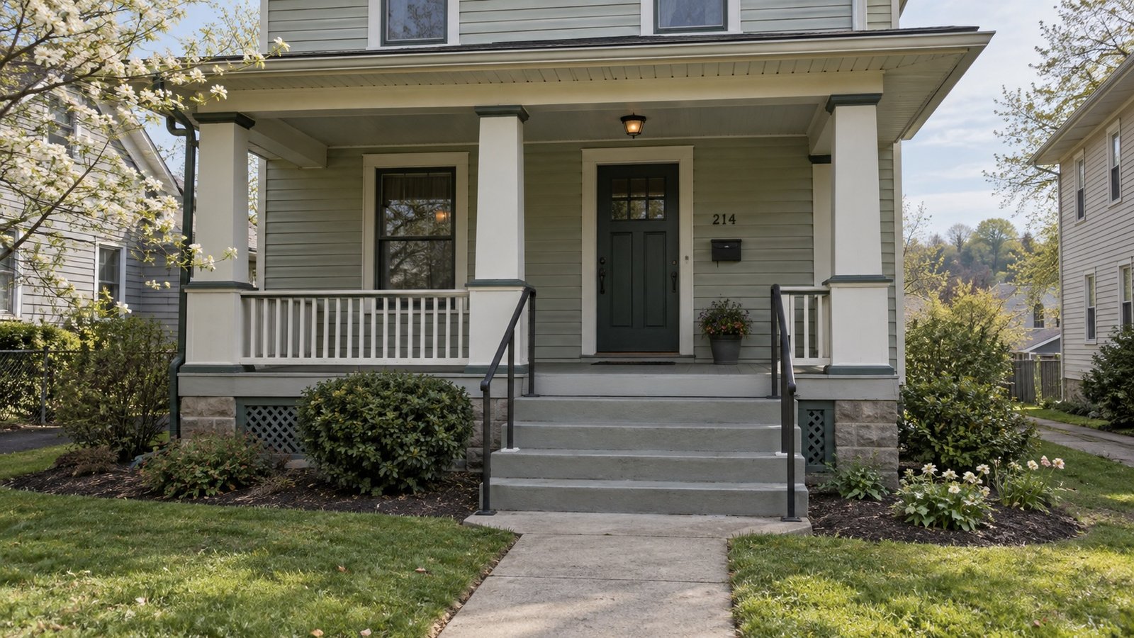 Broad concrete steps and rails leading to a gray house porch