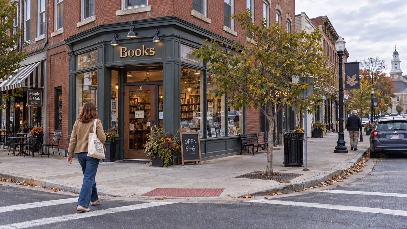 Woman carrying a canvas tote across a corner beside brick storefronts