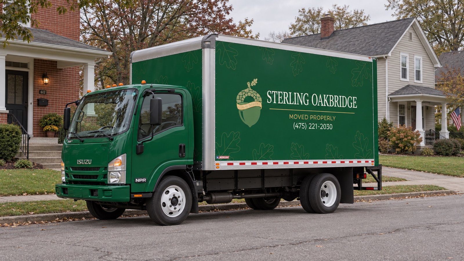 Green Sterling Oakbridge NPR truck parked beside a residential curb
