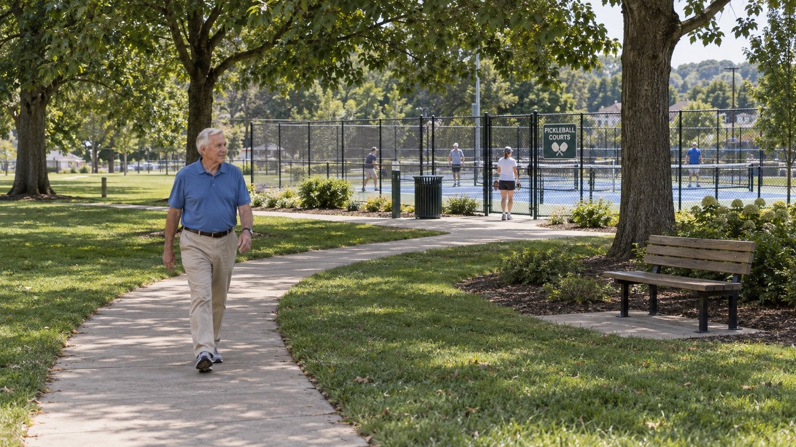 Man walking on a park path beside a bench and fenced pickleball courts