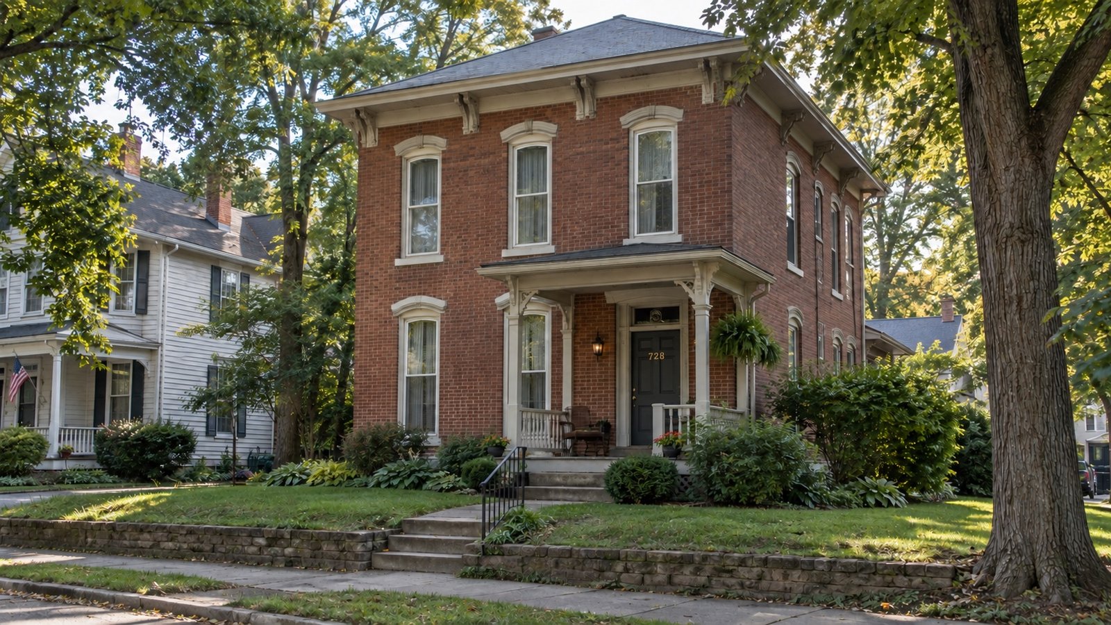 Brick house with tall windows and a clear path to its shaded porch
