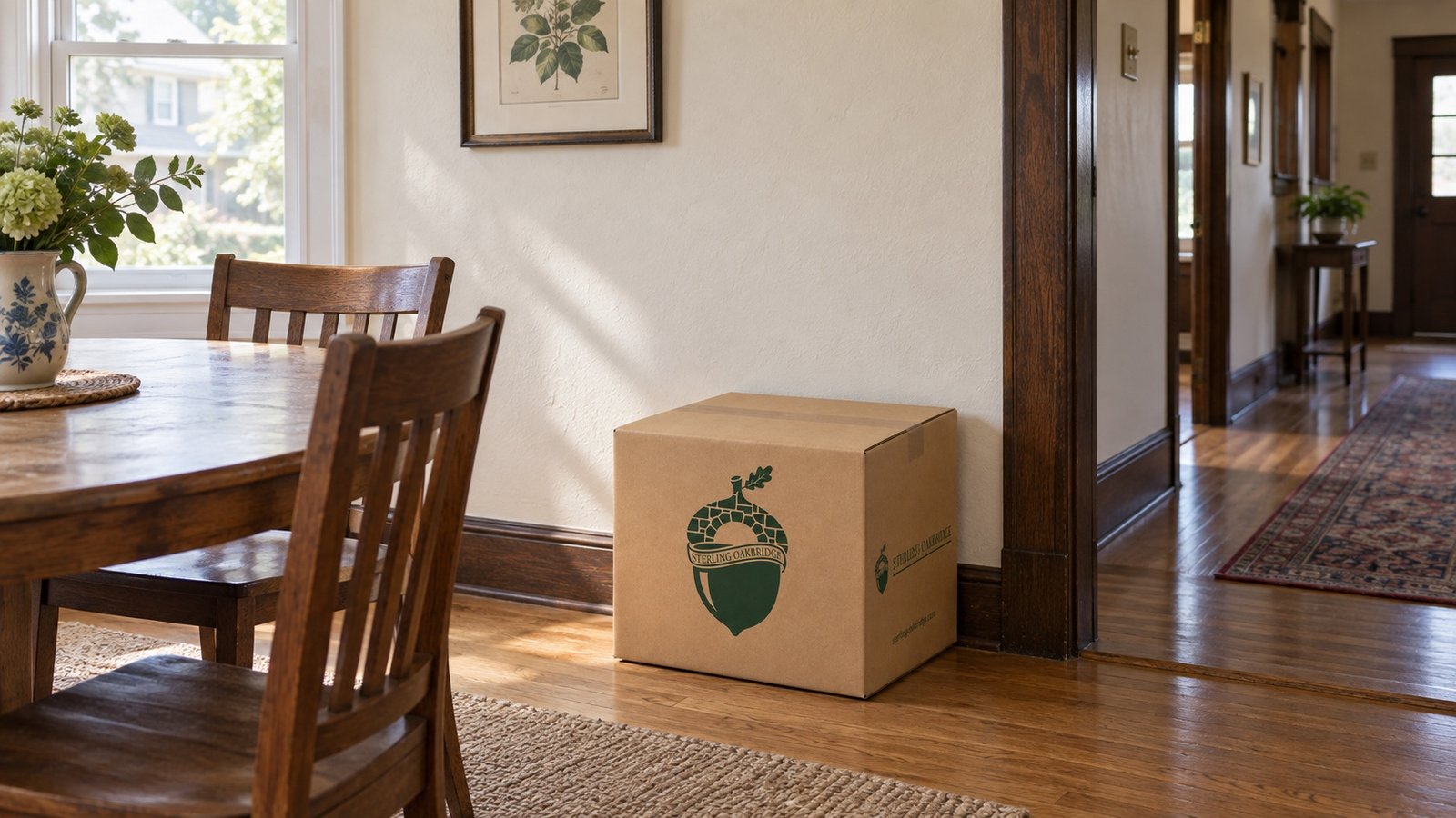 Branded kraft carton beside an open hall in a wood-trimmed dining room