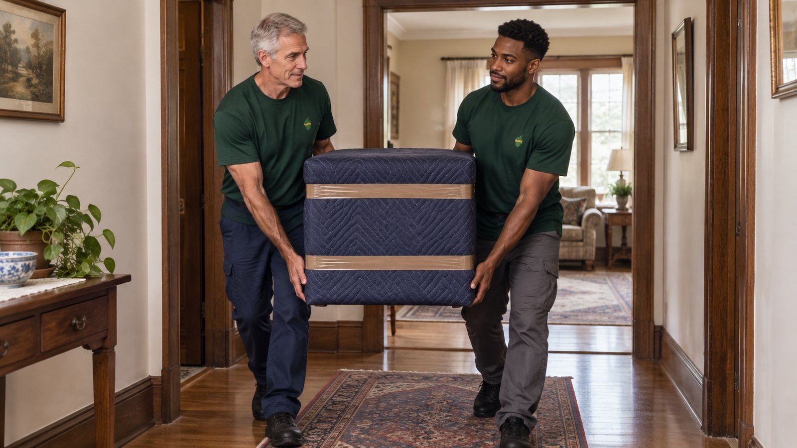 Two movers carrying a blanket-protected furniture piece through a level hallway