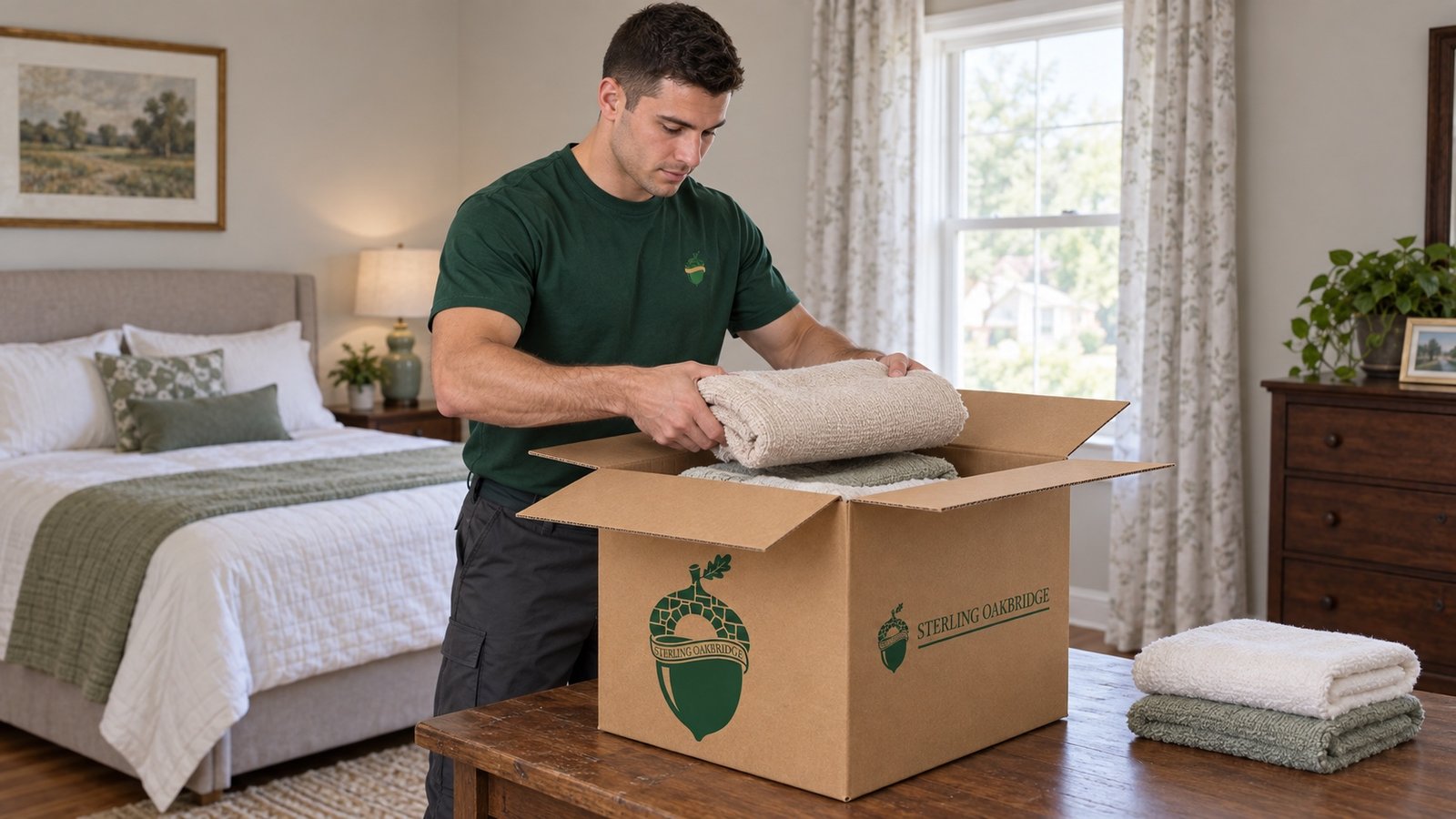 Mover lowering folded linen into an open branded carton on a table