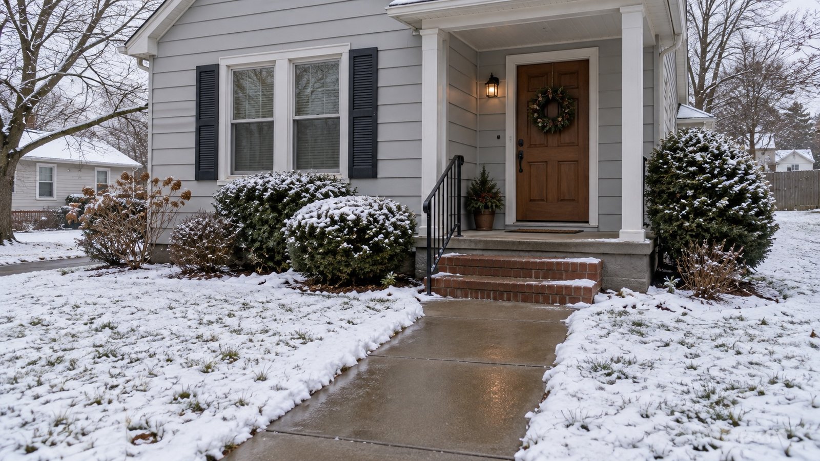 Cleared walk and brick steps at a sheltered wooden door after snow
