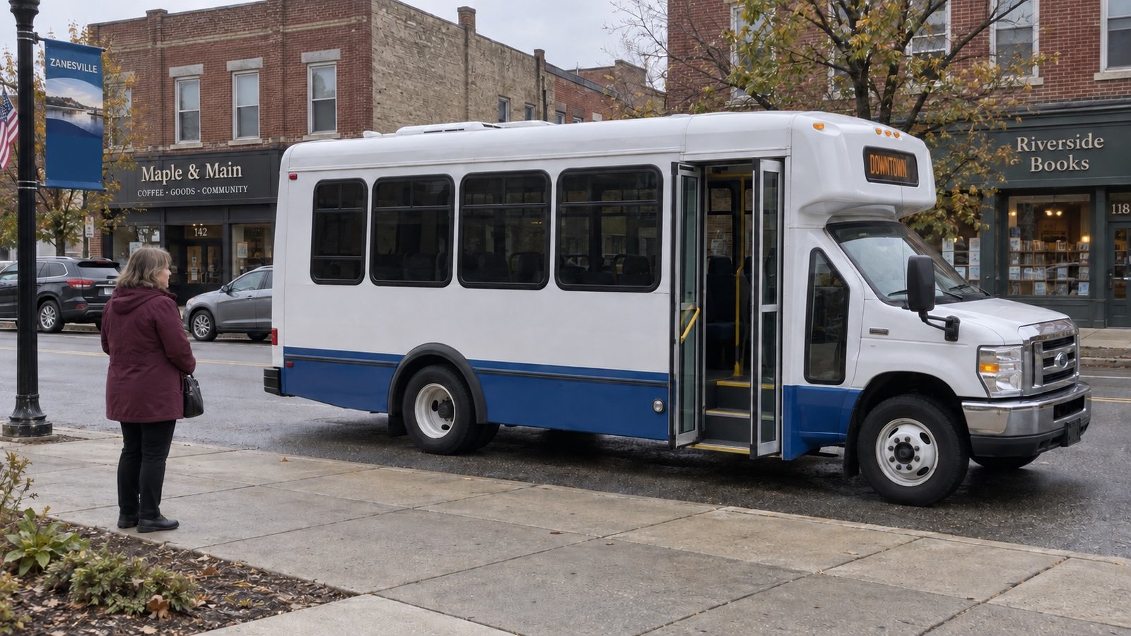 White and blue shuttle bus with its open door facing a woman on the sidewalk