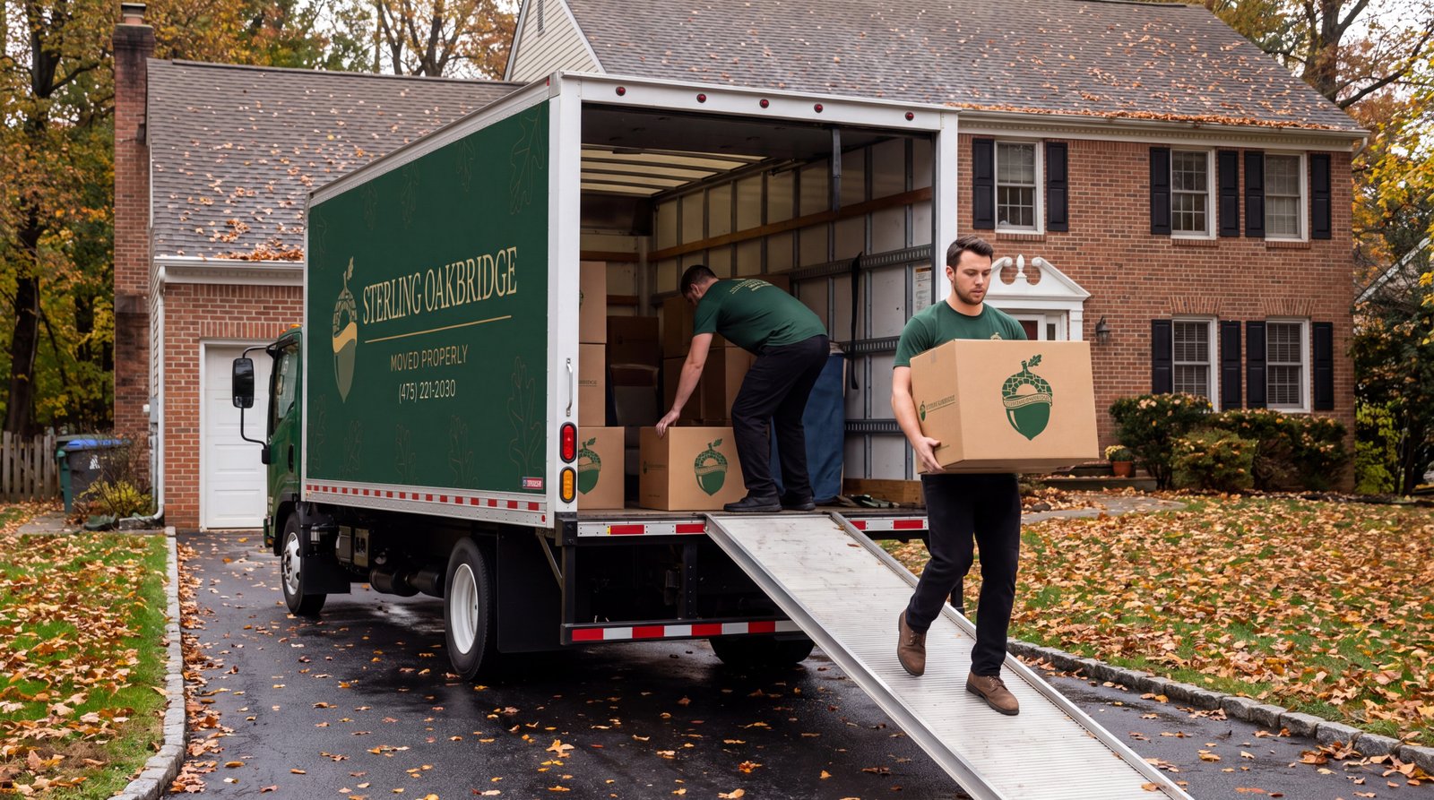 Sterling Oakbridge movers in branded green shirts unloading a branded truck on a sloped New Jersey driveway