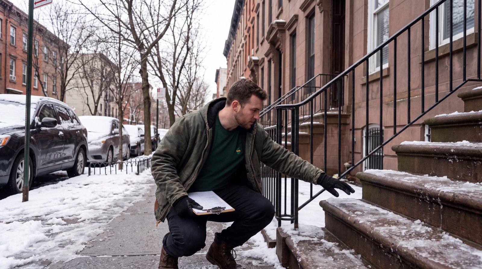 A Sterling Oakbridge coordinator in a branded green shirt checking icy brownstone steps in winter