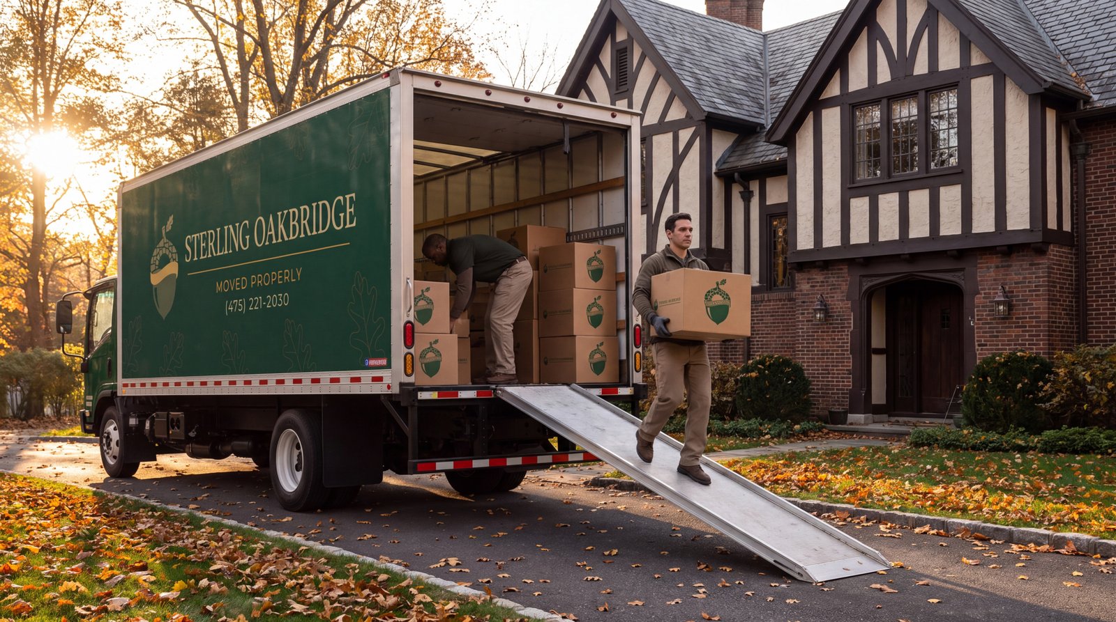 Driveway and long-carry access planning Sterling Oakbridge movers in branded green shirts unloading a branded truck on a sloped New York driveway