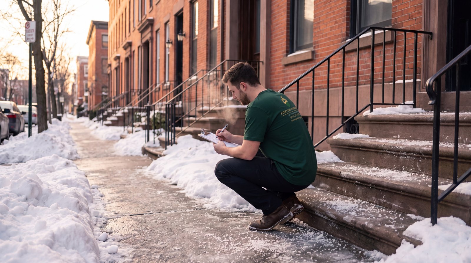 Winter moving conditions in New York A Sterling Oakbridge coordinator in a branded green shirt checking the wet sidewalk and the path from the home to the street in winter