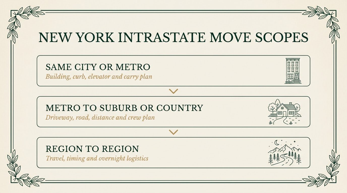 New York intrastate move scopes — same city or metro, metro to small town or rural, region to region