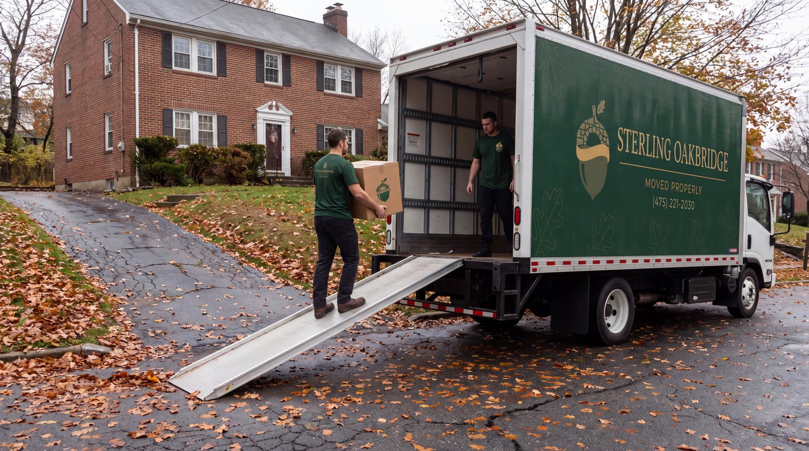Sterling Oakbridge movers in branded green shirts carrying a branded carton up the ramp of a branded truck on a sloped Pennsylvania driveway