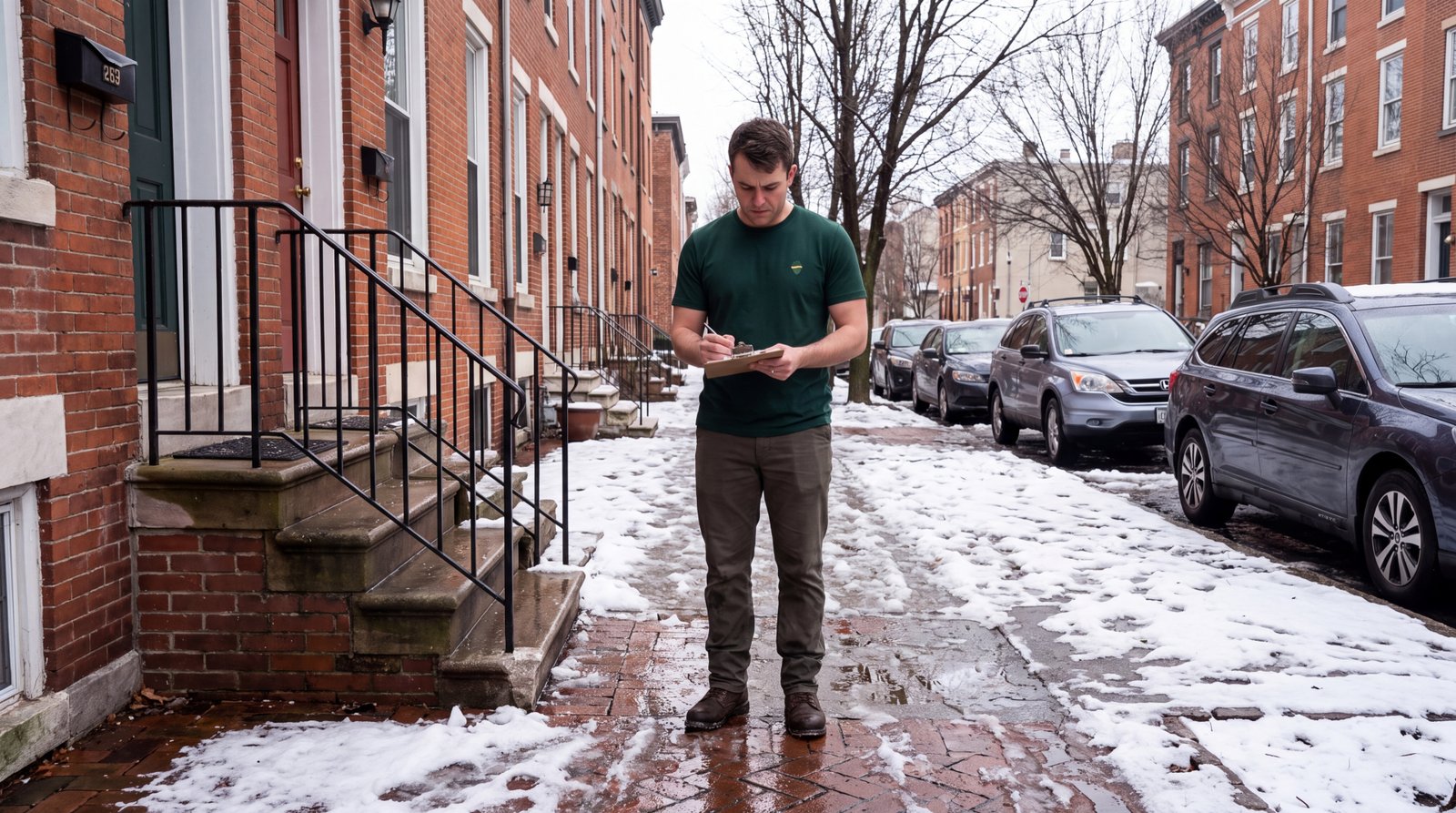 A Sterling Oakbridge coordinator in a branded green shirt checking the wet sidewalk and the path from the home to the street in winter