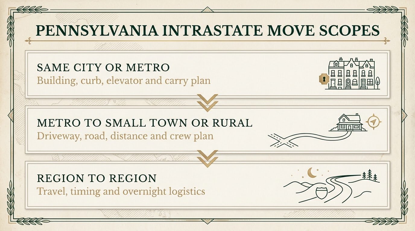 Pennsylvania intrastate move scopes — same city or metro, metro to small town or rural, region to region