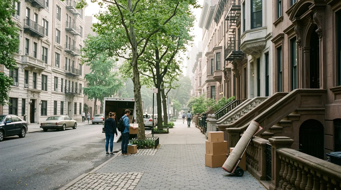 Upper East Side Manhattan street with prewar apartment buildings and leafy sidewalk.