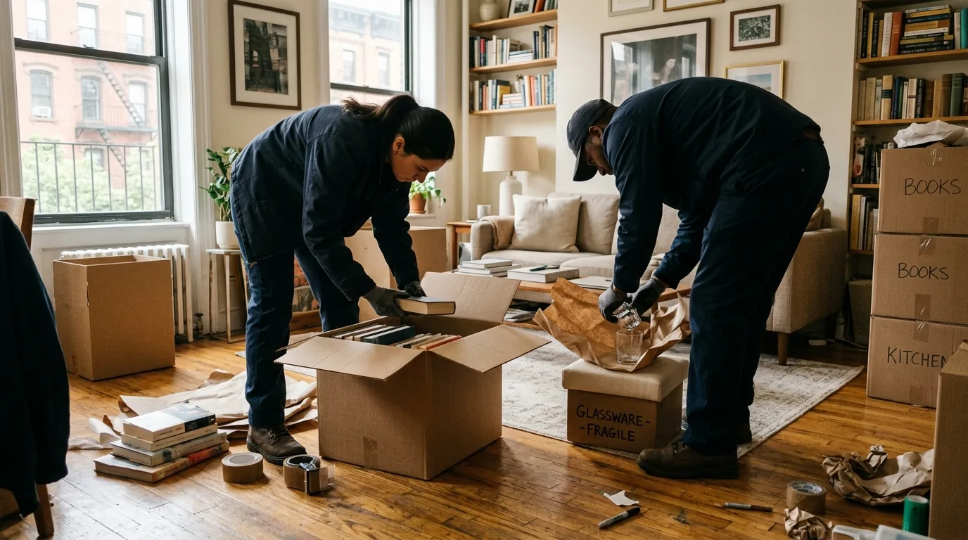 Movers packing boxes with books and glassware in a Manhattan apartment.