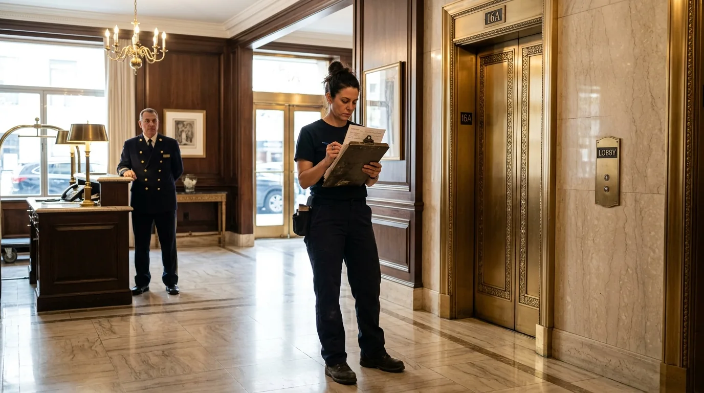 Mover with clipboard in an apartment lobby near elevator, preparing for move.