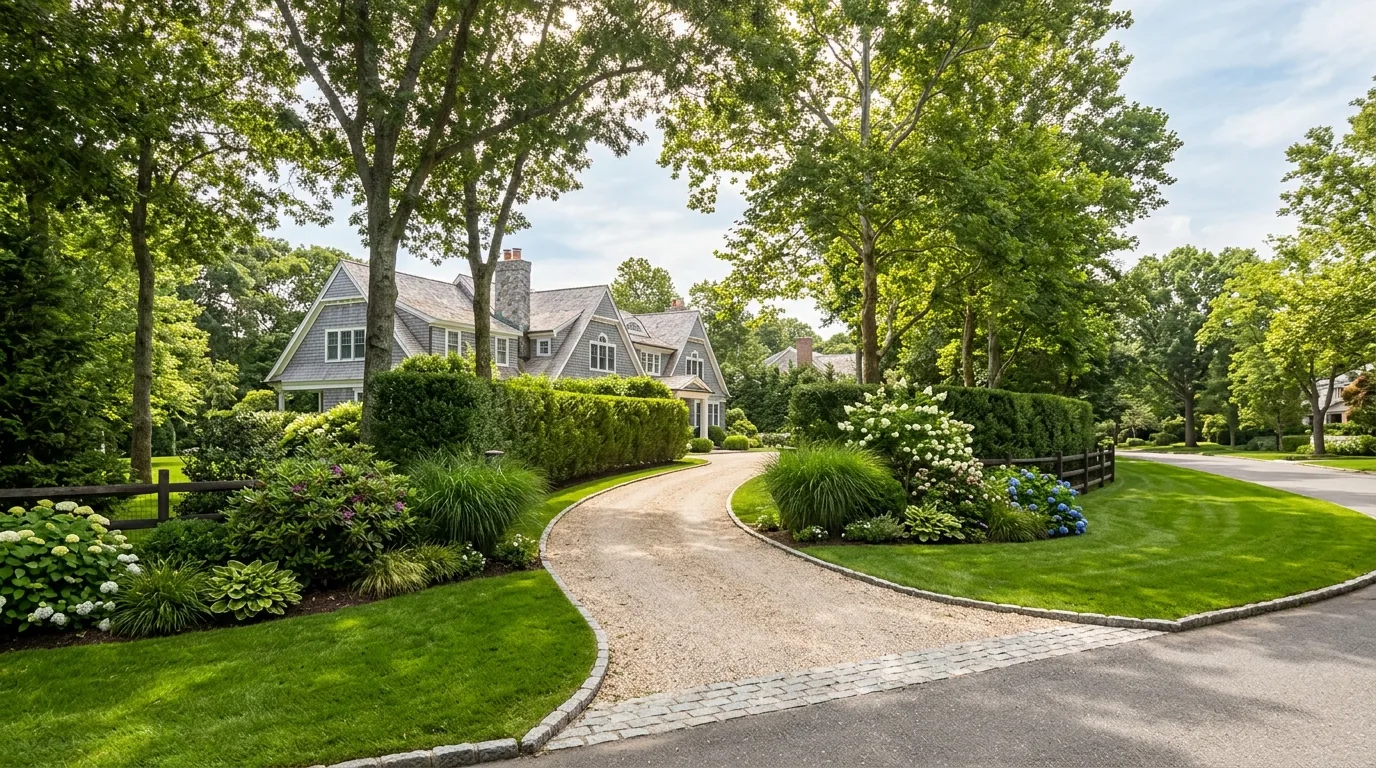 Long driveway and hedged entrance to a shingle-style estate in East Hampton.