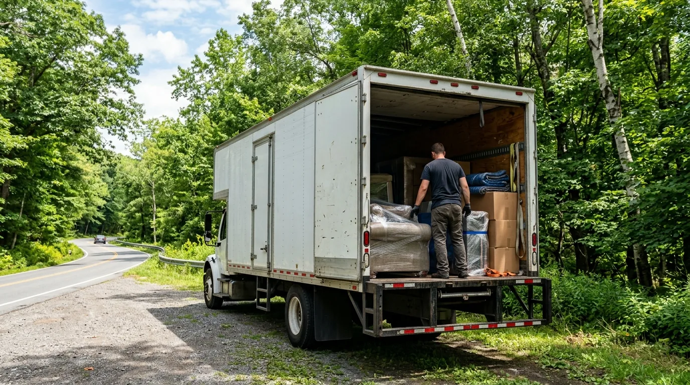 Moving truck with open side door on a parkway, mover organizing cargo.