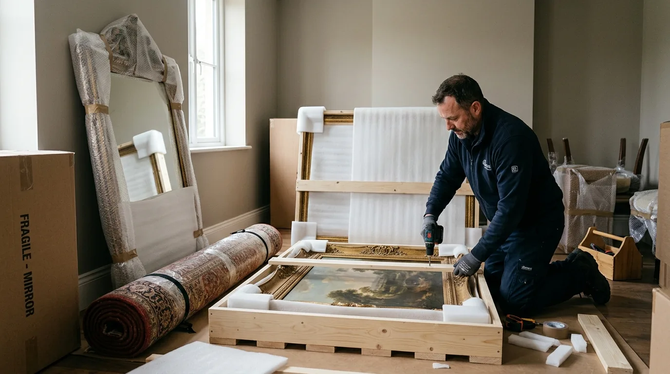Mover crating a large painting and preparing antiques for transport.