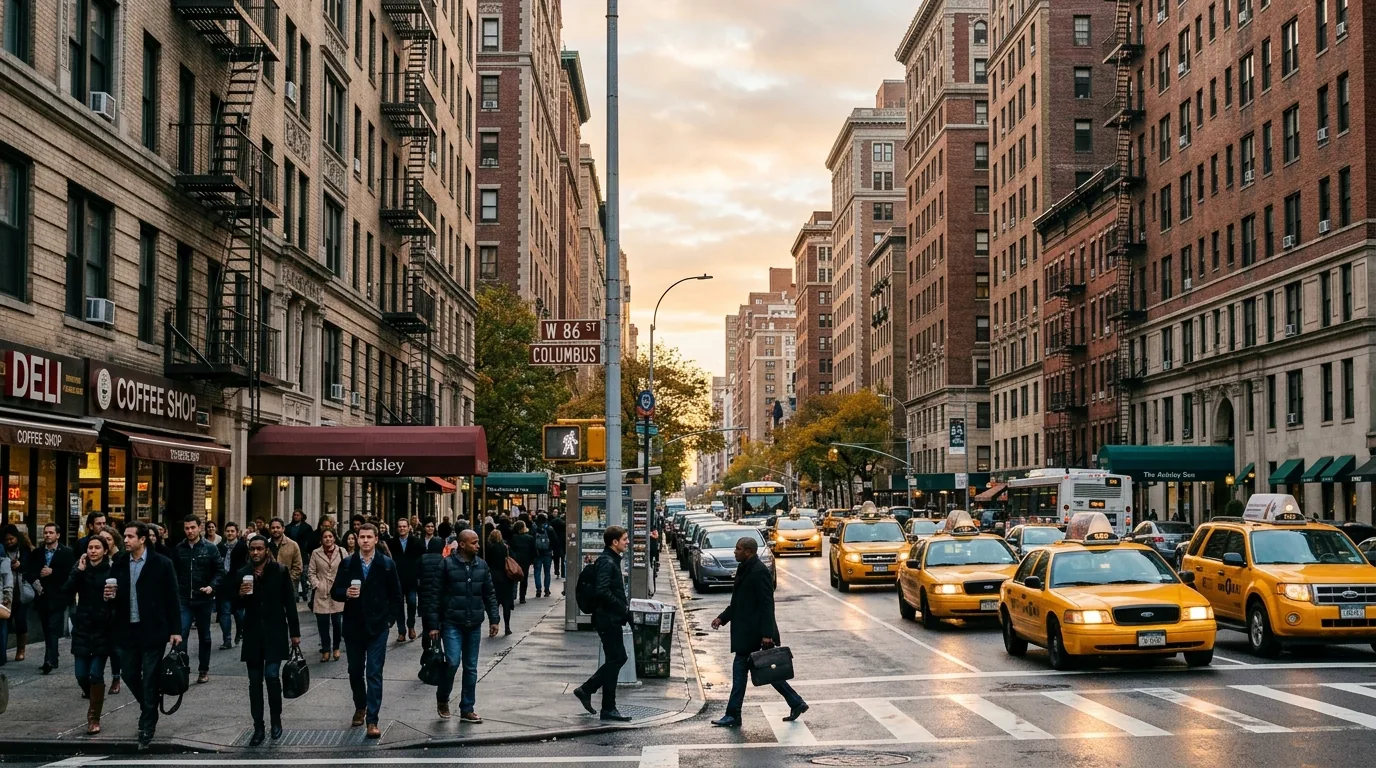 Manhattan street with prewar apartment buildings and morning city activity Manhattan street with prewar apartment buildings and morning city activity.