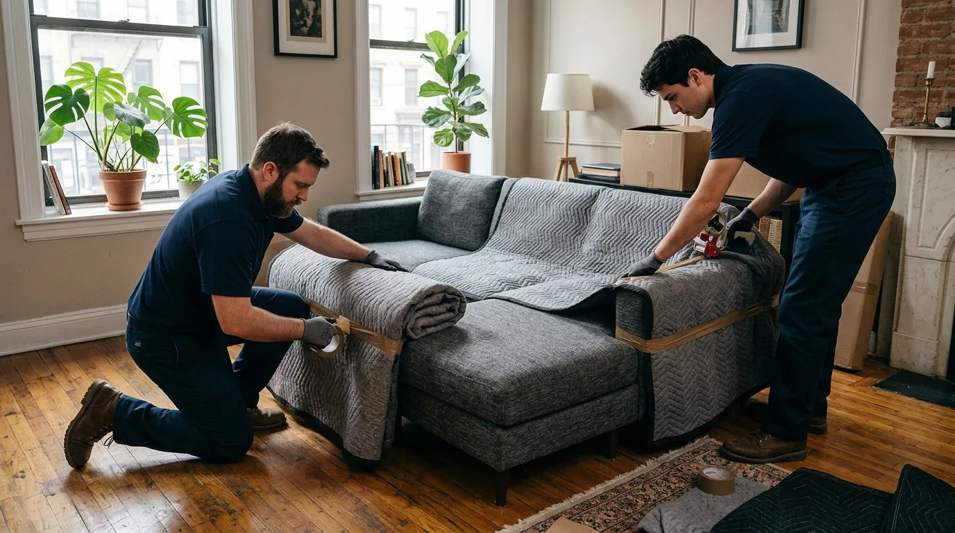 Movers wrapping a sofa with blankets and tape in a New York apartment Movers wrapping a sofa with blankets and tape in a New York apartment.