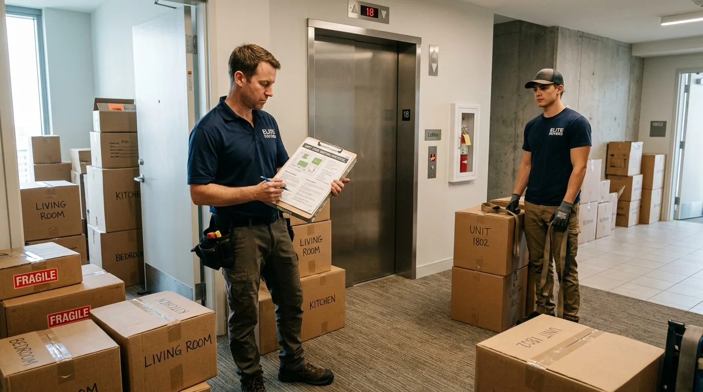 Mover with clipboard planning in a high-rise apartment lobby with boxes and elevator.
