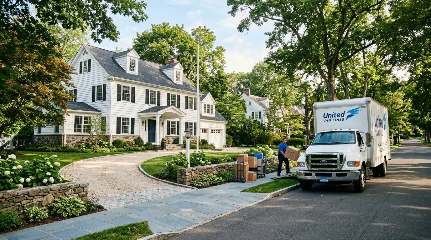 Moving truck on a leafy Greenwich street with New England-style homes and wide driveways Moving truck on a leafy Greenwich street with New England-style homes and wide driveways.