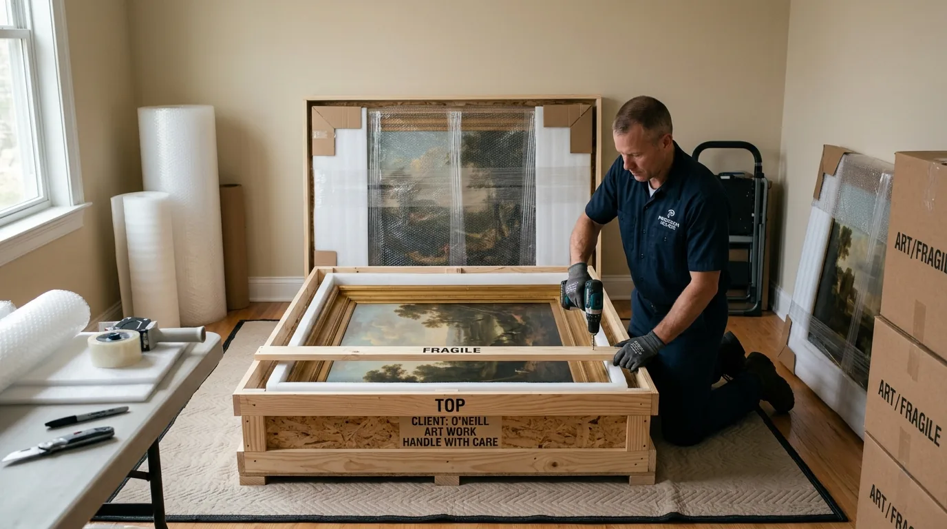 Mover crating a large painting with wood and foam for safe transport Mover crating a large painting with wood and foam for safe transport.