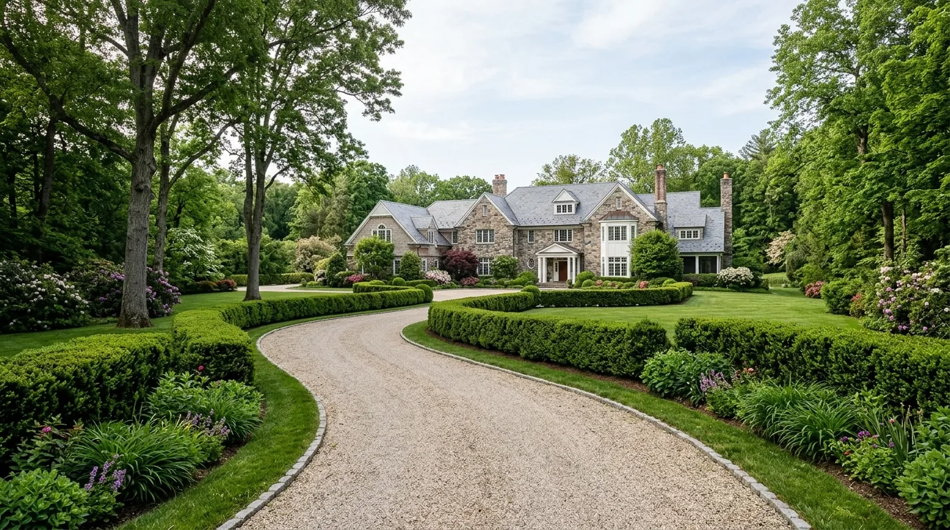 Gravel driveway at a Greenwich estate home with trees and hedges Gravel driveway at a Greenwich estate home with trees and hedges.